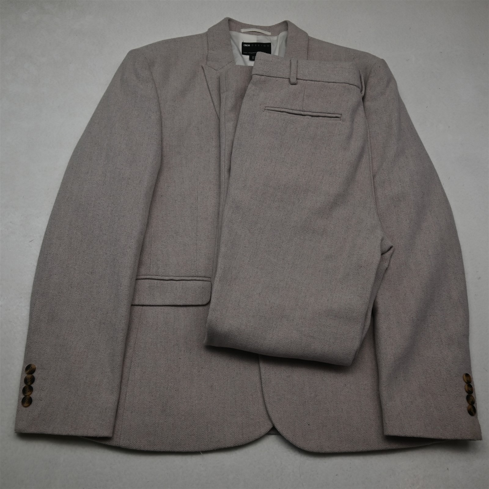 Asos 42r 32x32 Beige Herringbone Tweed Mens Jacket Pants Suit